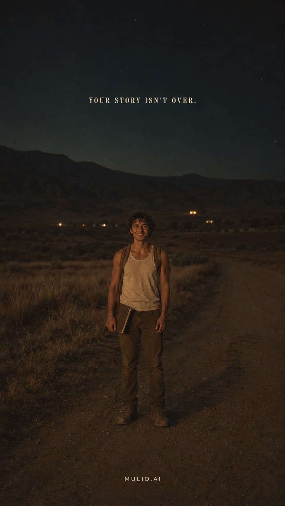 Night photograph of a young man holding a journal on a desert road, smiling. Text reads: Your story isn't over. MULIO.AI